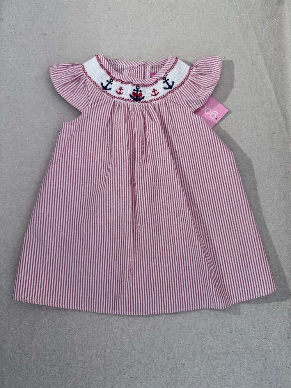 Toddlers Good Lad Red SeersuckerSmocked and Embroidered Anchor Dress - NWT